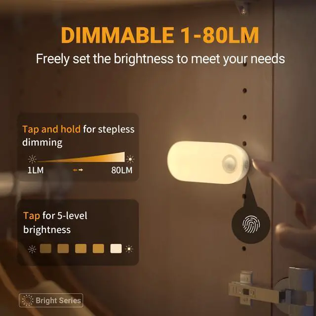 Alt view image 4 of 7 - Rechargeable Night Light with Motion Sensor, 1500mAh Battery Operated Nightlights, Stick-on LED Closet Light, 1-80LM Dimmable Brightness for Bathroom, Kitchen, Stairs, Hallway, 3 Packs