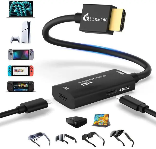 Main image of AR Glasses HDMI to USB-C Display Adapter, 4K@60Hz Play and Charge XR Converter with DC 5V, for XREAL One/Air 2 Pro/RayNeo/Rokid, Switch 2/1, Xbox1, PS4/5, Portable Monitors (Black)