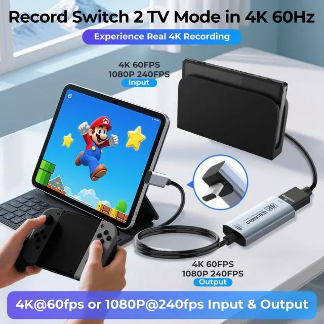 Alt view image 2 of 7 - 4K 60FPS Video Capture Card, L-Shaped USBC, 3.3ft, 1080P 240FPS USB3.0 HDMI to USB A/C Capture Card for Streaming, Works with iPad/Mac OS/PC, Quest 3, OBS, PS5/4, Switch2/1, Xbox/Camera