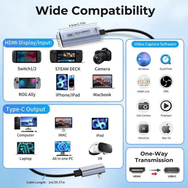 Alt view image 3 of 7 - 4K 60FPS Video Capture Card, L-Shaped USBC, 3.3ft, 1080P 240FPS USB3.0 HDMI to USB A/C Capture Card for Streaming, Works with iPad/Mac OS/PC, Quest 3, OBS, PS5/4, Switch2/1, Xbox/Camera