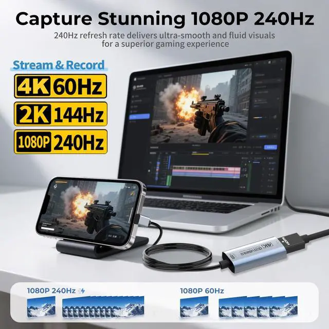 Alt view image 4 of 7 - 4K 60FPS Video Capture Card, L-Shaped USBC, 3.3ft, 1080P 240FPS USB3.0 HDMI to USB A/C Capture Card for Streaming, Works with iPad/Mac OS/PC, Quest 3, OBS, PS5/4, Switch2/1, Xbox/Camera