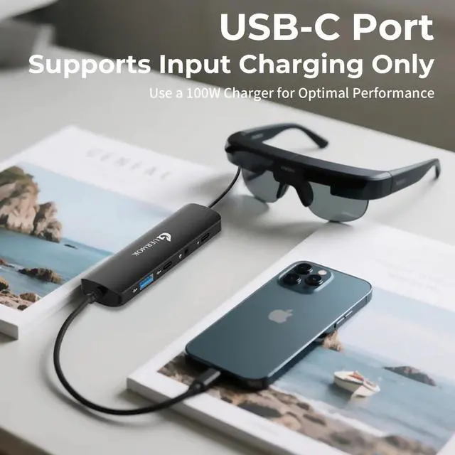 Alt view image 3 of 7 - 5-in-1 USB-C to AR Glasses Adapter, 100W PD Fast Charging, 8K@60Hz Video, USB/USB-C Ports Works with AR Glasses Devices, Handheld Consoles, Switch, USBC Phones and Laptops, Black