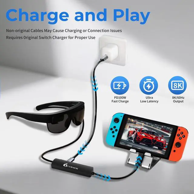 Alt view image 6 of 7 - 5-in-1 USB-C to AR Glasses Adapter, 100W PD Fast Charging, 8K@60Hz Video, USB/USB-C Ports Works with AR Glasses Devices, Handheld Consoles, Switch, USBC Phones and Laptops, Black