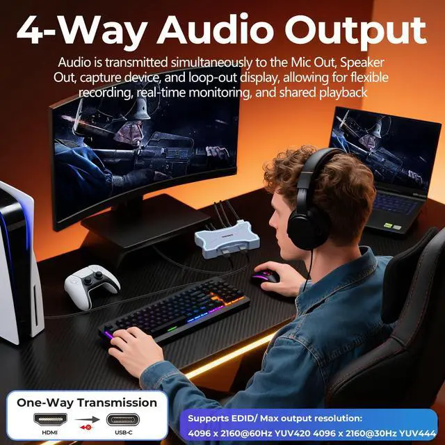 Alt view image 2 of 7 - 4K HDMI Capture Card with Touch LED, Dual HDMI in/Loop-Out, USB 3.0, 4K@60Hz/ 2K@144Hz Video Capture, Mic/Line in, 4K60 Passthrough, Efficient Cooling, Streaming and Gaming for Switch2/1