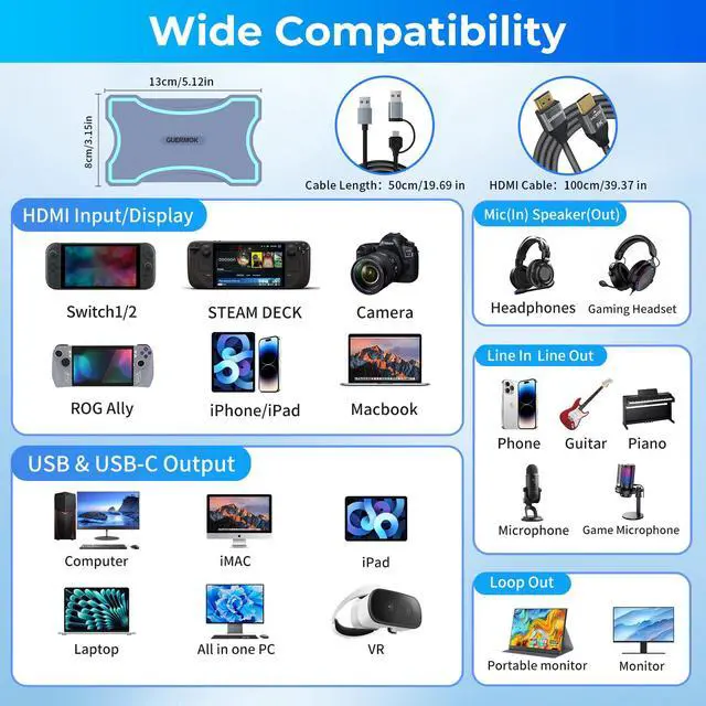 Alt view image 3 of 7 - 4K HDMI Capture Card with Touch LED, Dual HDMI in/Loop-Out, USB 3.0, 4K@60Hz/ 2K@144Hz Video Capture, Mic/Line in, 4K60 Passthrough, Efficient Cooling, Streaming and Gaming for Switch2/1