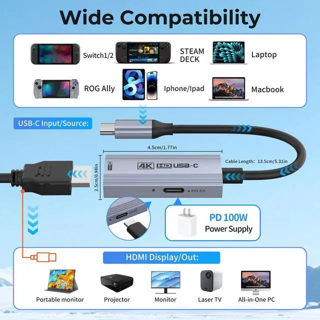 Alt view image 4 of 7 - USB C to HDMI Adapter, 4K@60Hz Output with PD 100W, Compatible with Switch, Handheld Consoles, MacBook, TVs, Capture Cards, and Portable Monitors Silver