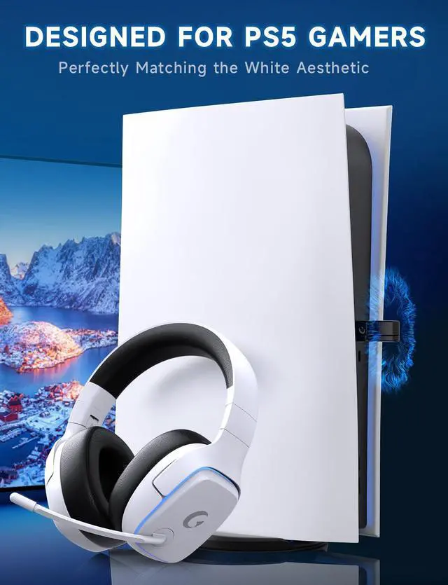 Alt view image 2 of 7 - 2.4GHz Wireless Gaming Headsets for PS5, PS4, PC, Switch - Bluetooth 5.3 Gaming Headphones with Noise Canceling Mic, 7.1 Surround Sound, 70H Battery, Blue Lighting - White