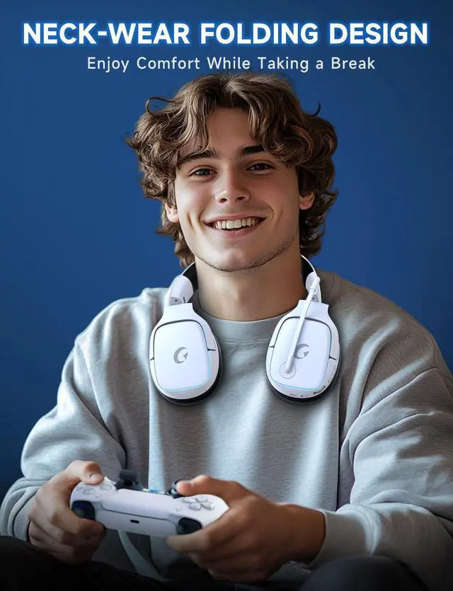 Alt view image 3 of 7 - 2.4GHz Wireless Gaming Headsets for PS5, PS4, PC, Switch - Bluetooth 5.3 Gaming Headphones with Noise Canceling Mic, 7.1 Surround Sound, 70H Battery, Blue Lighting - White