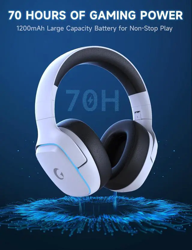 Alt view image 4 of 7 - 2.4GHz Wireless Gaming Headsets for PS5, PS4, PC, Switch - Bluetooth 5.3 Gaming Headphones with Noise Canceling Mic, 7.1 Surround Sound, 70H Battery, Blue Lighting - White