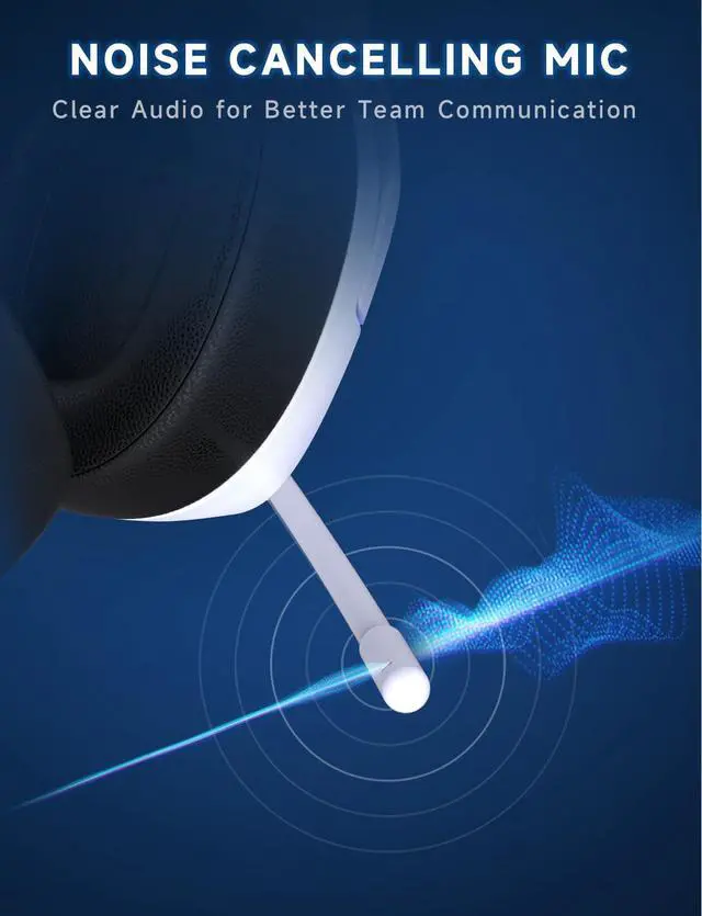 Alt view image 7 of 7 - 2.4GHz Wireless Gaming Headsets for PS5, PS4, PC, Switch - Bluetooth 5.3 Gaming Headphones with Noise Canceling Mic, 7.1 Surround Sound, 70H Battery, Blue Lighting - White