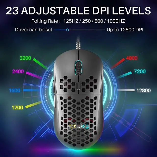 Alt view image 2 of 7 - M1SE Wired Gaming Mouse with Honeycomb Shell, 12800DPI Optical Sensor, 6 Programmable Macros, Software Support for Custom Key Config, and RGB Settings for Windows 7/8/10/XP, Vista, Linux-Black