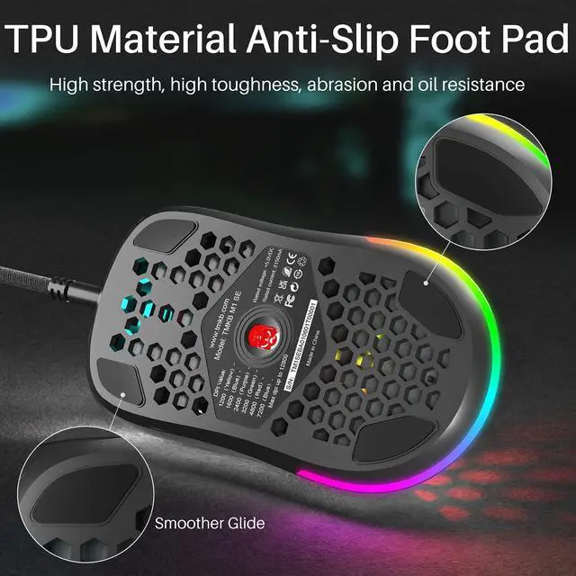 Alt view image 5 of 7 - M1SE Wired Gaming Mouse with Honeycomb Shell, 12800DPI Optical Sensor, 6 Programmable Macros, Software Support for Custom Key Config, and RGB Settings for Windows 7/8/10/XP, Vista, Linux-Black