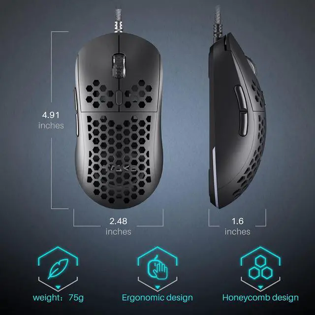Alt view image 7 of 7 - M1SE Wired Gaming Mouse with Honeycomb Shell, 12800DPI Optical Sensor, 6 Programmable Macros, Software Support for Custom Key Config, and RGB Settings for Windows 7/8/10/XP, Vista, Linux-Black