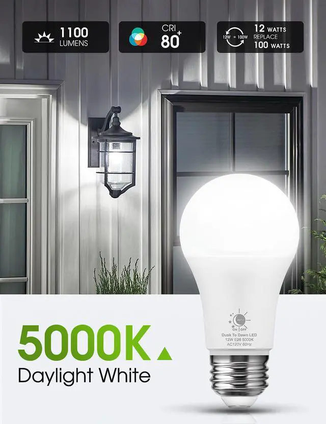 Alt view image 2 of 6 - LED Dusk to Dawn Light Bulbs, E26 Bulb Automatic On/Off, Outdoor Light Bulbs, Daylight Lightbulbs, 12W A19 Led Bulbs, 5000K 1100LM 100W Equivalent Lightbulbs Porch Garage Garden Patio 2 Pack