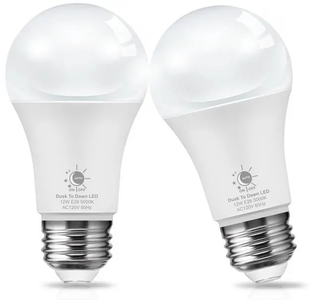 Main image of LED Dusk to Dawn Light Bulbs, E26 Bulb Automatic On/Off, Outdoor Light Bulbs, Daylight Lightbulbs, 12W A19 Led Bulbs, 5000K 1100LM 100W Equivalent Lightbulbs Porch Garage Garden Patio 2 Pack