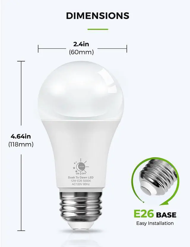 Alt view image 6 of 6 - LED Dusk to Dawn Light Bulbs, E26 Bulb Automatic On/Off, Outdoor Light Bulbs, Daylight Lightbulbs, 12W A19 Led Bulbs, 5000K 1100LM 100W Equivalent Lightbulbs Porch Garage Garden Patio 2 Pack