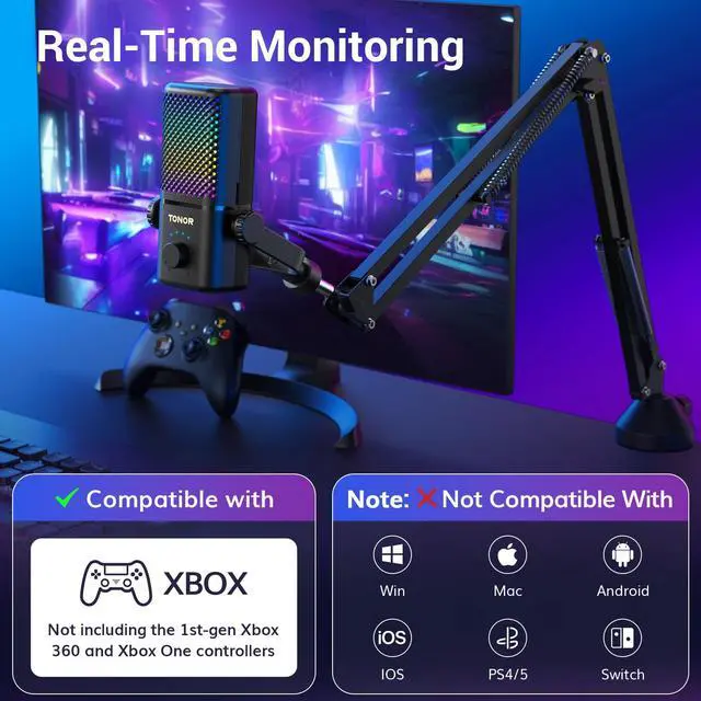 Alt view image 2 of 7 - Gaming Mic Compatible with Xbox, RGB Streaming Boom Mic with 30H Battery Life, Low Noise, Monitoring, Gain Control, One Tap Mute, Fast Charging, Compatible with Capture Card TCX3+ Black