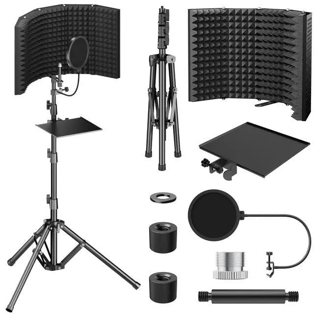 Main image of Isolation Shield Pack for Mic, Acoustic Foam Shield with Pop Filter & Tripod Stand, Foldable Design, Suitable for Blue Yeti, AT2020, Recording, Podcasts, Singing, Broadcast, Max 178 cm/70inch