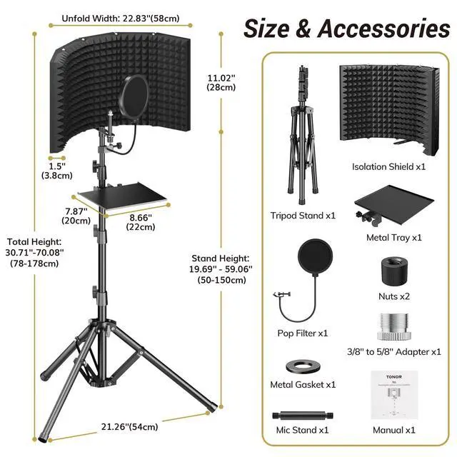 Alt view image 4 of 7 - Isolation Shield Pack for Mic, Acoustic Foam Shield with Pop Filter & Tripod Stand, Foldable Design, Suitable for Blue Yeti, AT2020, Recording, Podcasts, Singing, Broadcast, Max 178 cm/70inch