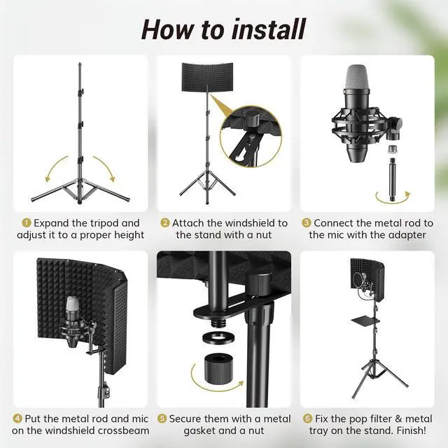 Alt view image 5 of 7 - Isolation Shield Pack for Mic, Acoustic Foam Shield with Pop Filter & Tripod Stand, Foldable Design, Suitable for Blue Yeti, AT2020, Recording, Podcasts, Singing, Broadcast, Max 178 cm/70inch