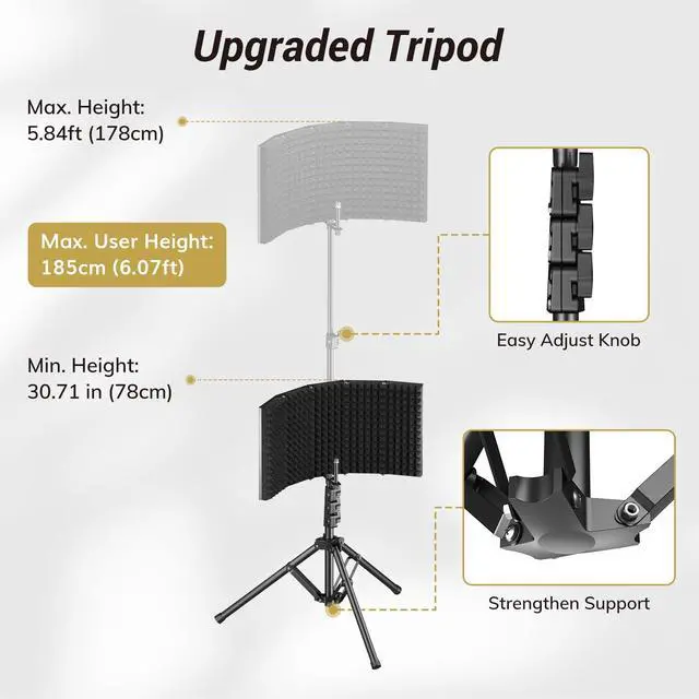 Alt view image 6 of 7 - Isolation Shield Pack for Mic, Acoustic Foam Shield with Pop Filter & Tripod Stand, Foldable Design, Suitable for Blue Yeti, AT2020, Recording, Podcasts, Singing, Broadcast, Max 178 cm/70inch