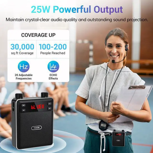 Alt view image 5 of 7 - Voice Amplifier Wireless Microphone 25W, Portable Voice Amplifier for Teachers with Bluetooth Headset Mic, Portable Speaker Megaphone 25 m/82ft for Classroom, Training, Teaching, Yoga, K12