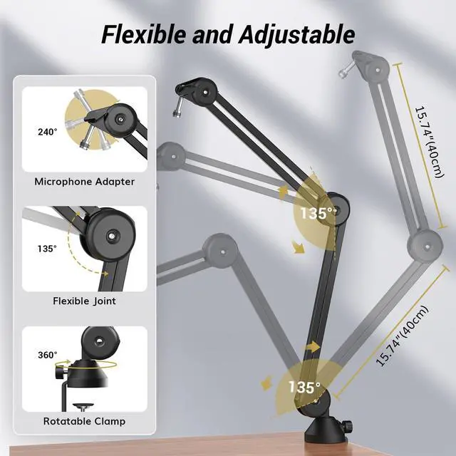 Alt view image 5 of 7 - Microphone Boom Arm, Adjustable Microfono Stand Mic Arm with Extra-large Pop Filter, 3/8 and 5/8 Screwadapter, Equipment for Podcast, Recording, Streaming, 40 cm +40 cm, T40