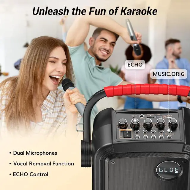 Alt view image 3 of 7 - Portable Karaoke Machine with 2 Microphones, Karaoke Machine for Adults with 5400mAh Battery, Bluetooth 5.0 Karaoke Speaker Set Supports BT/TF/USB/AUX, Rechargeable PA System with TWS/FM/REC K7