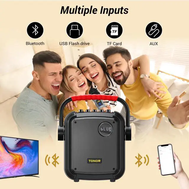 Alt view image 4 of 7 - Portable Karaoke Machine with 2 Microphones, Karaoke Machine for Adults with 5400mAh Battery, Bluetooth 5.0 Karaoke Speaker Set Supports BT/TF/USB/AUX, Rechargeable PA System with TWS/FM/REC K7