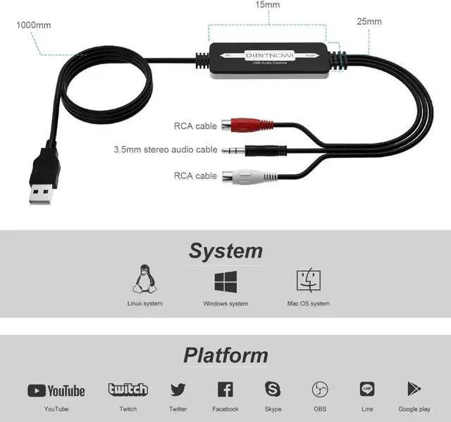 Alt view image 5 of 7 - USB 2.0 Audio Capture Card for Vinyl Records, Audio Grabber for Cassette Tapes to Digital MP3 Converter with Stereo RCA/3.5mm Music Interface, Support Mac & Windows 7/8/10/11/XP/Vista