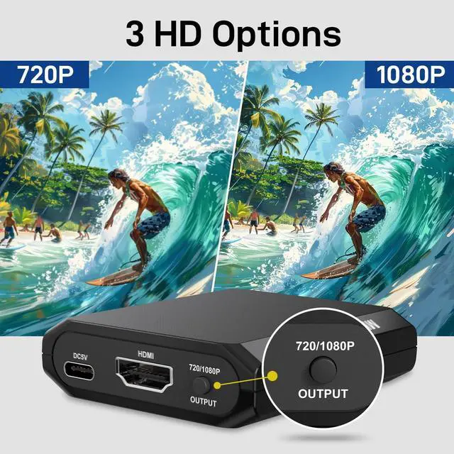 Alt view image 4 of 7 - RCA to HDMI Converter, 1080P AV to HDMI Converter, Mini Composite CVBS Analog Audio Video Adapter Connector with Cable for VCR/VHS/Xbox/PS3/STB/N64/Wii/TV/PC