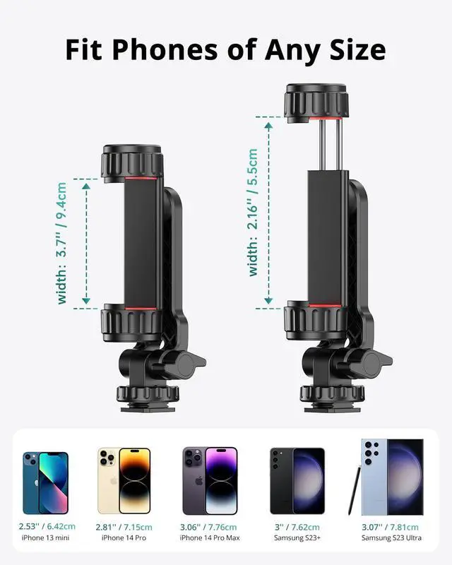 Alt view image 2 of 7 - Phone Tripod Mount, Universal Smartphone Mount Adapter with 2 Cold Shoe and 1/4" Standard Screw, 360° Rotates and 180° Tilts Adjustable Cell Phone Clamp Holder for Perfect Mobile Photography