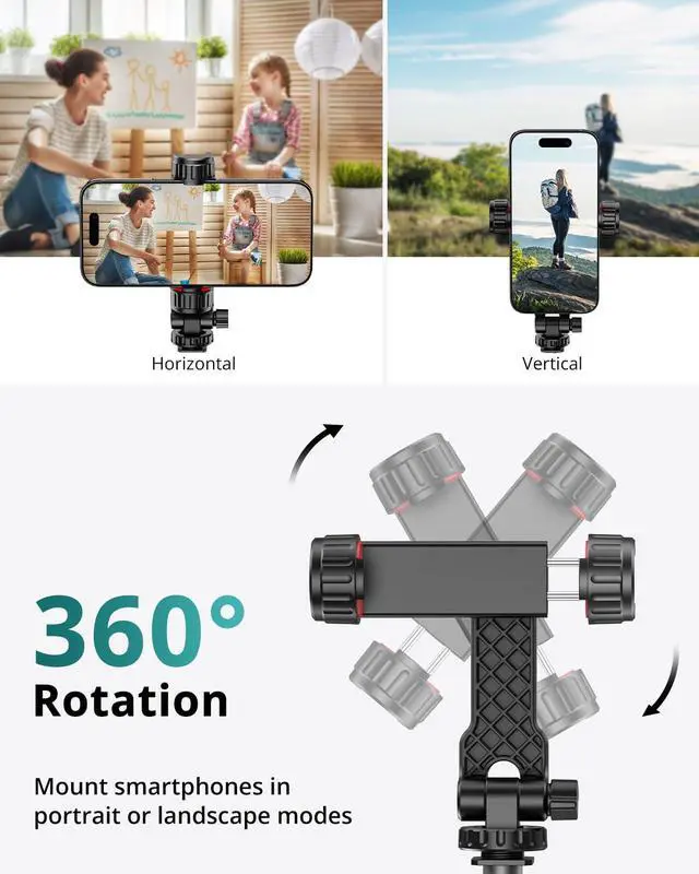 Alt view image 4 of 7 - Phone Tripod Mount, Universal Smartphone Mount Adapter with 2 Cold Shoe and 1/4" Standard Screw, 360° Rotates and 180° Tilts Adjustable Cell Phone Clamp Holder for Perfect Mobile Photography
