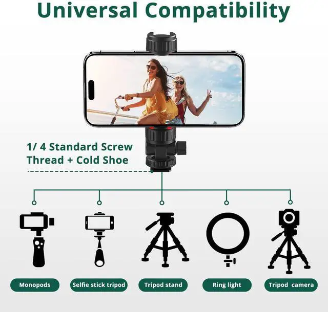 Alt view image 7 of 7 - Phone Tripod Mount, Universal Smartphone Mount Adapter with 2 Cold Shoe and 1/4" Standard Screw, 360° Rotates and 180° Tilts Adjustable Cell Phone Clamp Holder for Perfect Mobile Photography