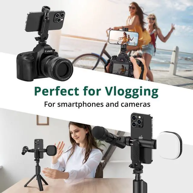Alt view image 6 of 7 - Phone Tripod Mount, Universal Smartphone Mount Adapter with 2 Cold Shoe and 1/4" Standard Screw, 360° Rotates and 180° Tilts Adjustable Cell Phone Clamp Holder for Perfect Mobile Photography