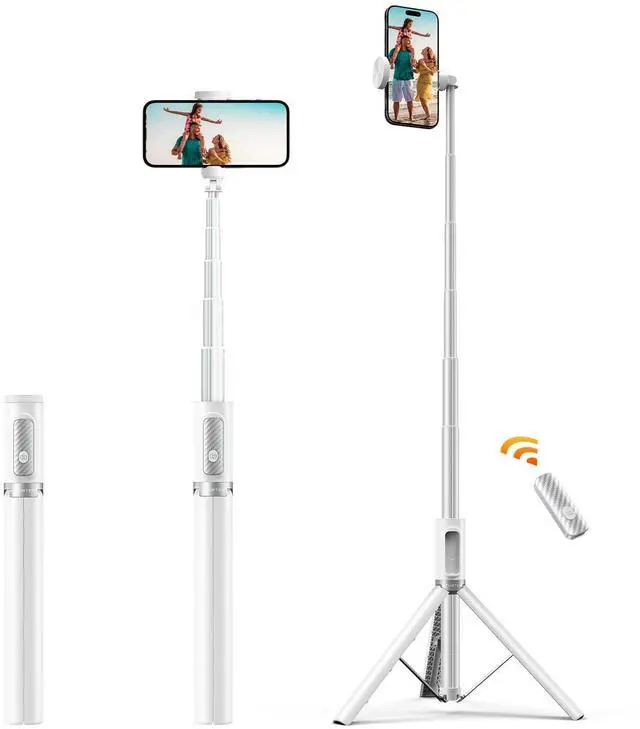 Main image of 62" Selfie Stick Tripod, Extendable Aluminum Tripod with Rechargeable Bluetooth Remote, Compatible with iPhone and Android Smartphones, Perfect for Travel, Vlog, Video and Photo, White