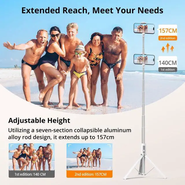 Alt view image 2 of 7 - 62" Selfie Stick Tripod, Extendable Aluminum Tripod with Rechargeable Bluetooth Remote, Compatible with iPhone and Android Smartphones, Perfect for Travel, Vlog, Video and Photo, White