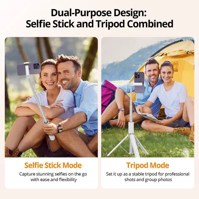 Alt view image 5 of 7 - 55" Selfie Stick Tripod, All-in-one Extendable Aluminum Travel Tripod with Rechargeable Bluetooth Remote, Phone Selfie Stick 360° Rotatable for iPhone 17 Pro Max 16/15/14/13 Smartphones, White