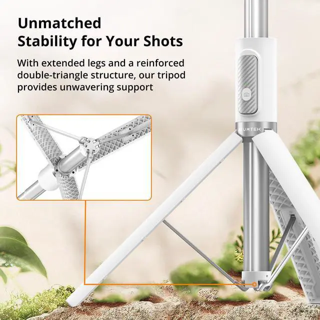 Alt view image 6 of 7 - 62" Selfie Stick Tripod, Extendable Aluminum Tripod with Rechargeable Bluetooth Remote, Compatible with iPhone and Android Smartphones, Perfect for Travel, Vlog, Video and Photo, White