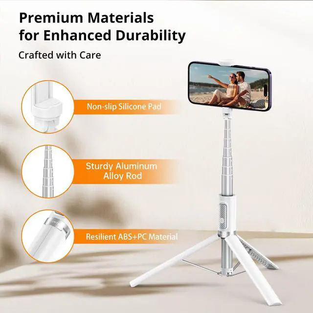 Alt view image 7 of 7 - 62" Selfie Stick Tripod, Extendable Aluminum Tripod with Rechargeable Bluetooth Remote, Compatible with iPhone and Android Smartphones, Perfect for Travel, Vlog, Video and Photo, White