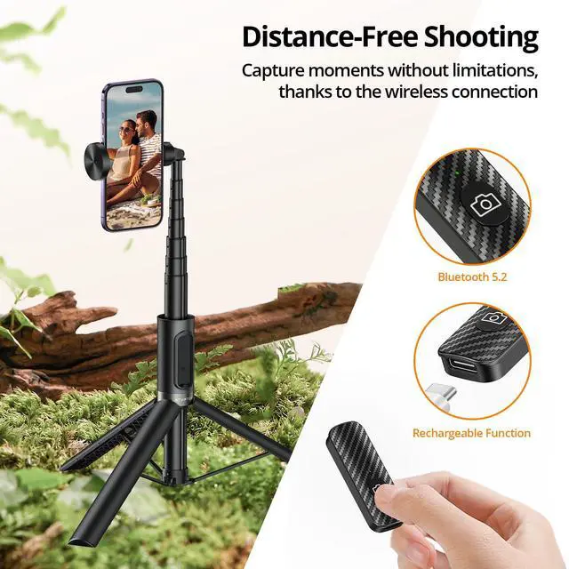 Alt view image 2 of 7 - Selfie Stick Tripod, All-in-one Extendable Aluminum Phone Tripod with Rechargeable Bluetooth Remote, 360 Rotatable for iPhone 17 16 Pro Max/15/14/13 Samsung Smartphones, Black