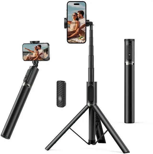 Main image of Selfie Stick Tripod, All-in-one Extendable Aluminum Phone Tripod with Rechargeable Bluetooth Remote, 360 Rotatable for iPhone 17 16 Pro Max/15/14/13 Samsung Smartphones, Black