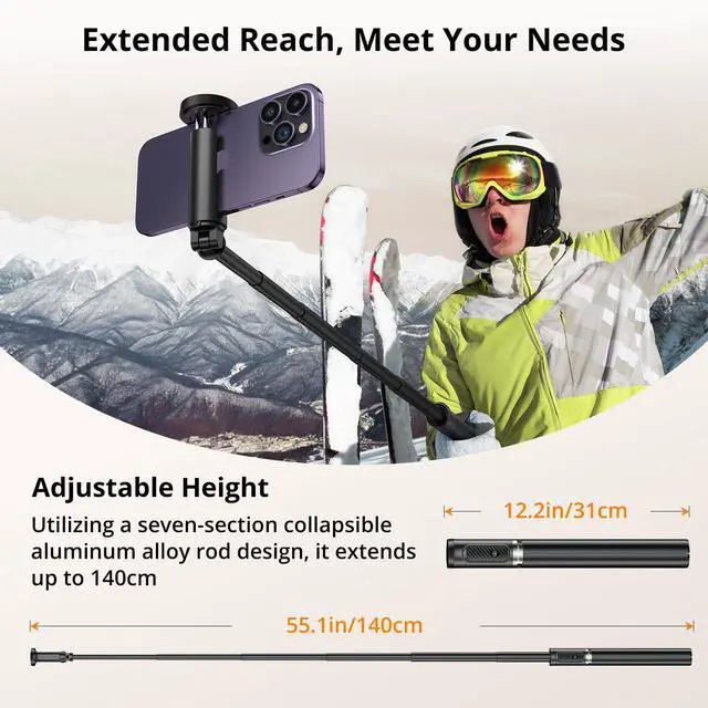 Alt view image 3 of 7 - Selfie Stick Tripod, All-in-one Extendable Aluminum Phone Tripod with Rechargeable Bluetooth Remote, 360 Rotatable for iPhone 17 16 Pro Max/15/14/13 Samsung Smartphones, Black