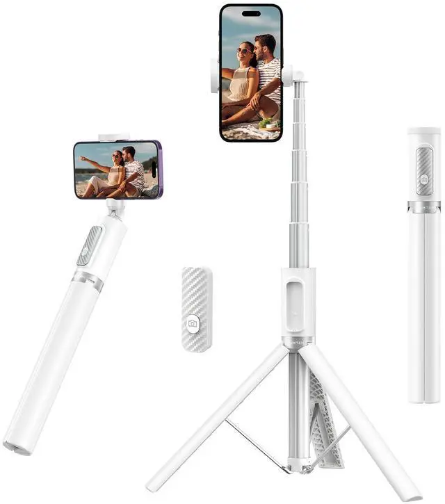 Main image of 55" Selfie Stick Tripod, All-in-one Extendable Aluminum Travel Tripod with Rechargeable Bluetooth Remote, Phone Selfie Stick 360° Rotatable for iPhone 17 Pro Max 16/15/14/13 Smartphones, White