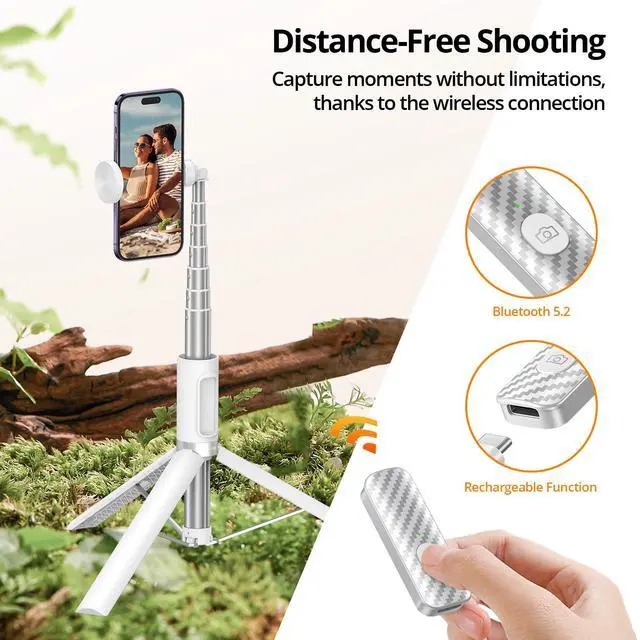 Alt view image 2 of 7 - 55" Selfie Stick Tripod, All-in-one Extendable Aluminum Travel Tripod with Rechargeable Bluetooth Remote, Phone Selfie Stick 360° Rotatable for iPhone 17 Pro Max 16/15/14/13 Smartphones, White