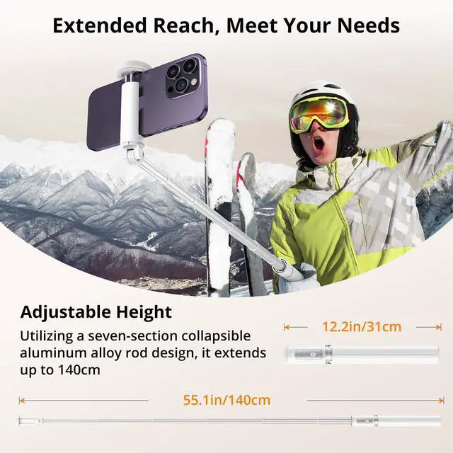 Alt view image 3 of 7 - 55" Selfie Stick Tripod, All-in-one Extendable Aluminum Travel Tripod with Rechargeable Bluetooth Remote, Phone Selfie Stick 360° Rotatable for iPhone 17 Pro Max 16/15/14/13 Smartphones, White