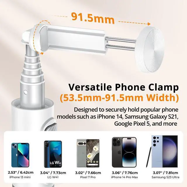 Alt view image 4 of 7 - 55" Selfie Stick Tripod, All-in-one Extendable Aluminum Travel Tripod with Rechargeable Bluetooth Remote, Phone Selfie Stick 360° Rotatable for iPhone 17 Pro Max 16/15/14/13 Smartphones, White