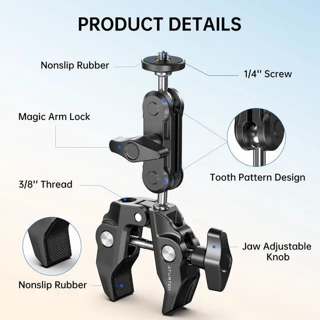 Alt view image 2 of 7 - Super Camera Clamp Mount with 1/4" and 3/8" Threads, Dual Ballhead Magic Arm 360° Ball Head Grip, Phone/Action Camera Mount Adapter for Canon Nikon DSLR Camera, GoPro/Insta360/INSTAX/DJI