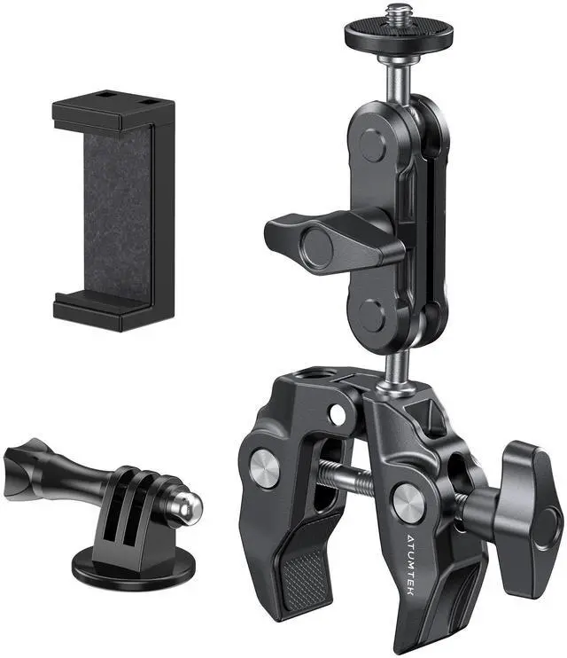 Main image of Super Camera Clamp Mount with 1/4" and 3/8" Threads, Dual Ballhead Magic Arm 360° Ball Head Grip, Phone/Action Camera Mount Adapter for Canon Nikon DSLR Camera, GoPro/Insta360/INSTAX/DJI