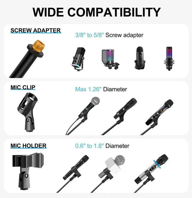 Alt view image 5 of 7 - Mic Stand with Boom Arm, Heavy Duty Tripod Microphone Stand Floor Holder Height Adjustable with Carrying Bag and 2 Mics Clips for Singing Performance, Home Studio Recording, Podcast and Stage